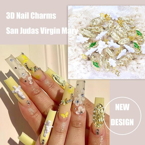 96pcs San Judas Virgin Mary Cross 3D Nail Charms Angel Gold Alloy Metal Rhinestones for Acrylic Nail Art Religious Gems Jewels Vintage Nail Tip Manicure Accessories Decoration Supplies Craft DIY