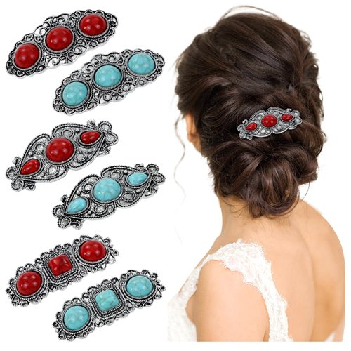 inSowni 6 Pieces Small Vintage Red Green Artificial Turquoise French Hair Barrettes Snap Hair Clips Accessories for Women Girls