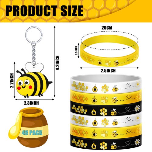 48 Pieces Cute Bee Keychain Bee Rubber Bracelets Bee Birthday Party Favors Honey Bee Silicone Wristband Bee Party Decorations for Birthday Supplies