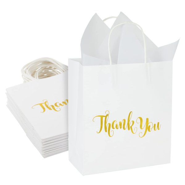 Juvale 15 Pack White Thank You Paper Gift Bags with Handles, Tissue Paper for Wedding, Baby Shower, Birthday Party Favors (8 x 4 x 8.8 In)