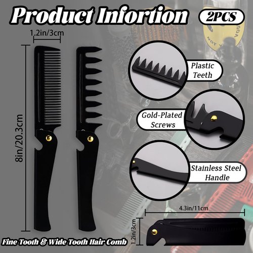 Realand 2Pcs Folding Pocket Beard Comb for Men - Fine Tooth & Wide Tooth Hair Comb with Stainless Steel Cover, Small Travel Comb for Styling Hair, Beard or Mustache