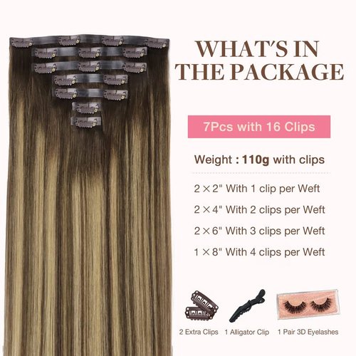 GOO GOO Clip in Hair Extensions Real Human Hair, 18inch 110g 7Pcs, 4/27/4 Balayage Chocolate Brown to Caramel Blonde, Remy Human Hair Extensions Clip ins for Women, Natural Human Hair