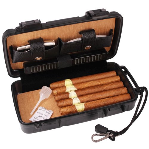 TOIKA Durable Waterproof Travel Cedar Wood Lined Cigar Humidor Case with Cigar Humidifier, Cutter and Lighter.Sturdy Cigar Box Holder Gift Set, Airtight,Holds up to 5 Cigars (Black)