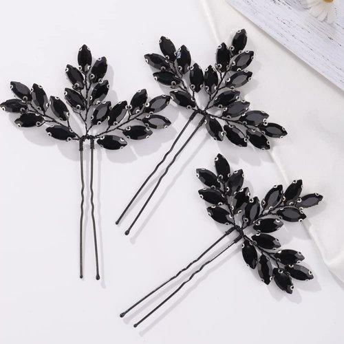 Missgrace Women Halloween Vintage Black Rhinestones Simple Hair Pins Headpiece Bride Wedding Silver Crystals Hair Jewelry Bridal Tiara Prom Party Hair Accessories for Women and Girls Set of 3 (Black 1)