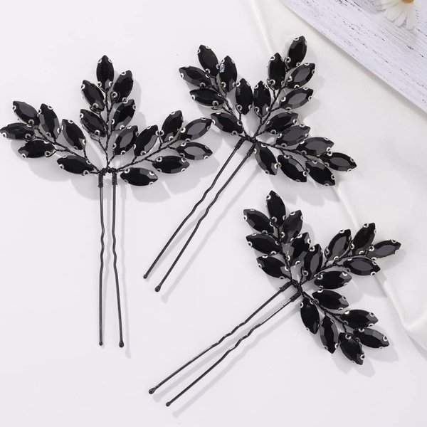 Missgrace Women Halloween Vintage Black Rhinestones Simple Hair Pins Headpiece Bride Wedding Silver Crystals Hair Jewelry Bridal Tiara Prom Party Hair Accessories for Women and Girls Set of 3 (Black 1)