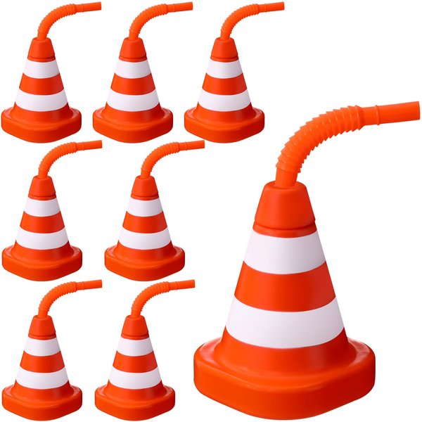 Sawysine 8 Pack Construction Cone Cups with Straws Bulk, Traffic Cones Party Favor Cups 10 oz Plastic Reusable Kids Race Cups Set for Construction Traffic Theme Racing Car Birthday Party Supplies