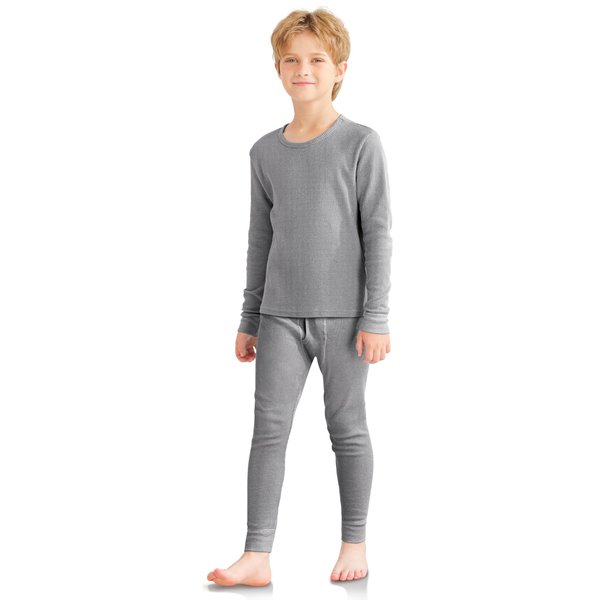VZV Kids Thermal Underwear Set, Boys Waffle Thermal Set Long Sleeve Base Layer Thermals Top and Bottom Set for Cold Weather Grey