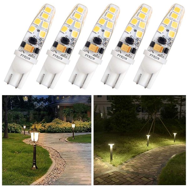 PYJR T5 T10 Wedge Base Led Bulbs 12v Low Voltage Landscape, Ac/Dc 12V, 2W 200Lm, 3000K Warm White, for Landscape Pathway Lighting, Deck Stair, Step, and Automotive Rv Lights. (Pack of 5)