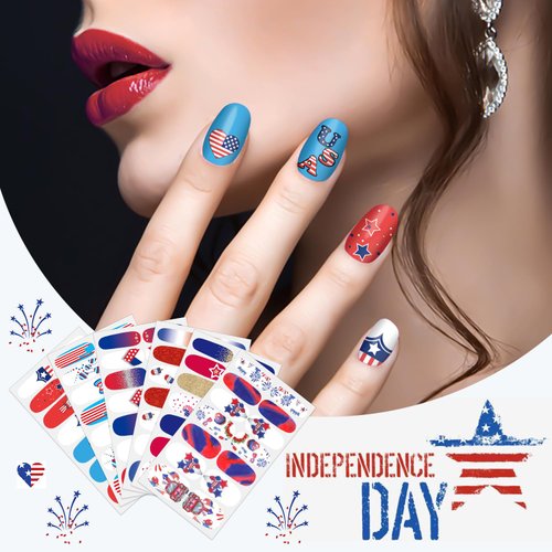 SILPECWEE 6 Sheets 4th of July Nail Wraps for Women Self Adhesive Independence Day Nail Polish Stickers Patriotic American Nail Polish Strips Fingernail Manicure Design with Nail File