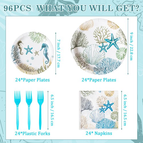 G1ngtar 96Pcs Ocean Seashell Party Plates Supplies - Coastal Beach Party Tableware Decorations Starfish Coral Disposable Paper Plates Napkins Forks for Kids Summer Birthday Baby Shower, Serves 24