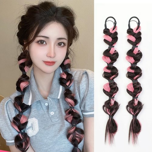 auwiyd 2 PCS Synthetic Braided Ponytails Hair Extensions Pink and Black Braid Wig with Elastic Hair Band Hairpieces for Women Girls DIY Natural Black Soft Synthetic Double Ponytail