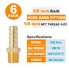 SUNGATOR 6-Pack Air Hose Fittings, 1/4" NPT to 3/8" Barb, Hose Barb Adapter, Brass Pipe Fittings Male Threaded End