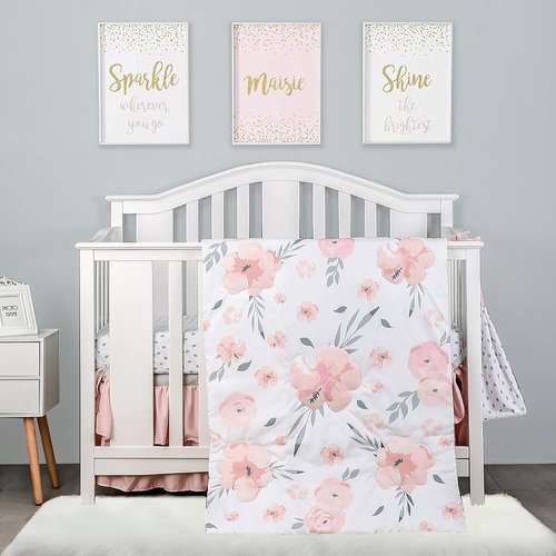 PINNKKU 4-Piece Crib Bedding Set for Girls, Baby Girl Bedding Crib Set, Cunas para Bebes, White, Blush Pink Flower Crib Skirt, Blanket, Crib Sheet and Diaper Stacker, Crib Bedding Sets for Girls