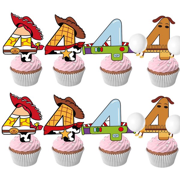 40pcs Cartoon Story Cupcake Toppers 4th Birthday for Boys Girls 4th Birthday Party Supplies Decorations