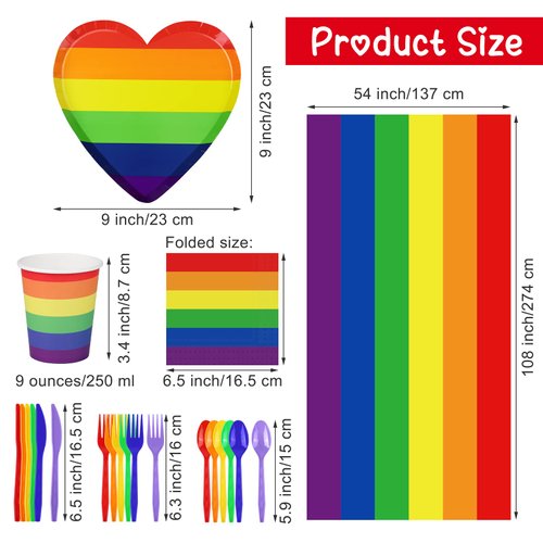 durony 145 Pieces Rainbow Party Supplies Gay Pride Tableware Set Include Pride Rainbow Plates Paper Cups Napkins Cutlery Rainbow Tablecloth for Rainbow Gay Pride Party Decorations, Serve 24 Guests