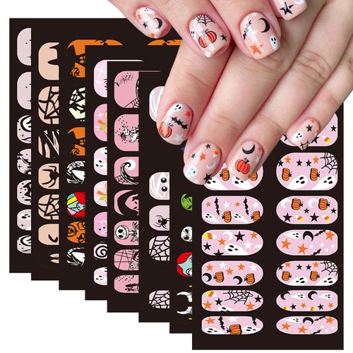 8 Sheets Halloween Nail Wraps Stickers DIY Self-Adhesive Nail Art Decals Full Wraps with Pumpkin Bat Spider Skull Designs Halloween Nail Wraps Decals Manicure Decor for Women Nail Accessories