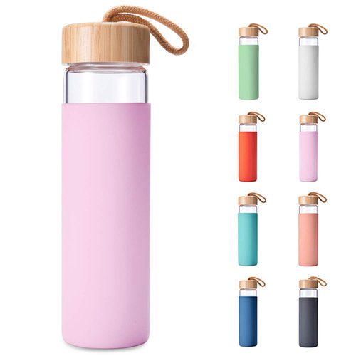 Yomious 20 Oz Borosilicate Glass Water Bottle with Bamboo Lid and Silicone Sleeve – Reusable BPA Free – Glass Drinking Bottle with Lids - Cute Glass Bottle for Women - Glass Shaker Bottle