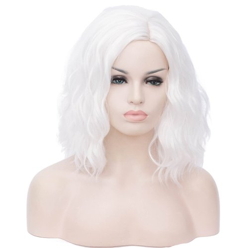 BUFASHION 14" Women Short White Kinky Straight Cosplay Synthetic Wigs With Air Bangs 46 Colors Available (White)