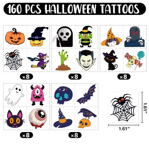 160 Pcs Halloween Temporary Tattoos for Kids Halloween Tattoos Temporary Stickers, Halloween Kids Tattoos Temporary for Halloween Party Decorations and Favors Supplies