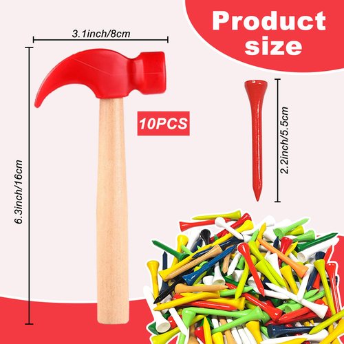 AIHSUMC 10 Pcs Kids Wooden Hammer Toy with 100 Pcs Colorful Wood Golf Tees, Small Plastic Hammer Simulation Hammers Educational Toys for Children Gift Birthday Party (Red)