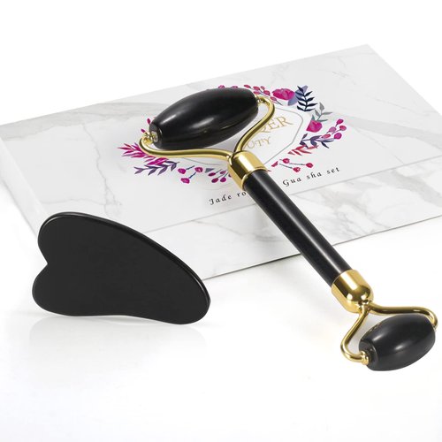 Jade Roller & Gua Sha Set - Facial Skin Care Set, Facial Beauty Tools, Natural Beauty Skin Care Tools, Face Roller Massager for Face, Neck, and Eye Treatment (Black)