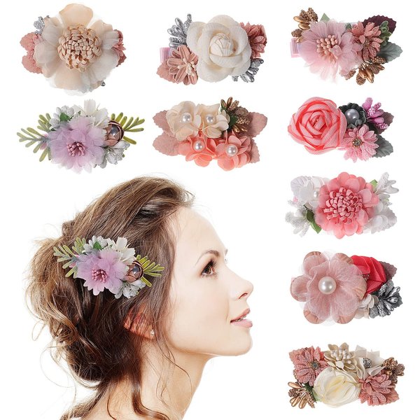 9Pcs Flower Hair Clips Artificial Rose Hair Barrettes Floral Wedding Beach Party Decor Hair Accessories for Women Girls