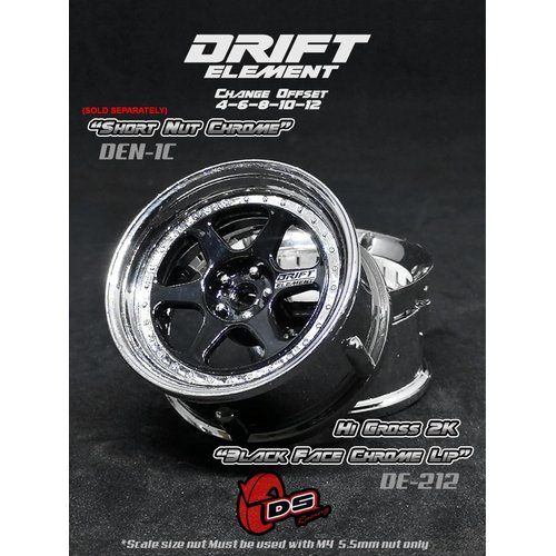 DS Racing Drift Element 1/10 RC Drift Car Rims Wheels, Set of 2, 6-Spoke, Adjustable Offset, Compatible with Yokomo YD MD RD, MST RMX, Reve D RDX, Redcat RDS, HPI, Tamiya TT (Black w/Chrome Lip)