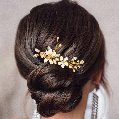 Foryysa Bridal Wedding Hair Pins for Women Gold Rhinestone Flower Headpiece Elegant Handmade Vine Headwear Sparkly Design (2 pcs)
