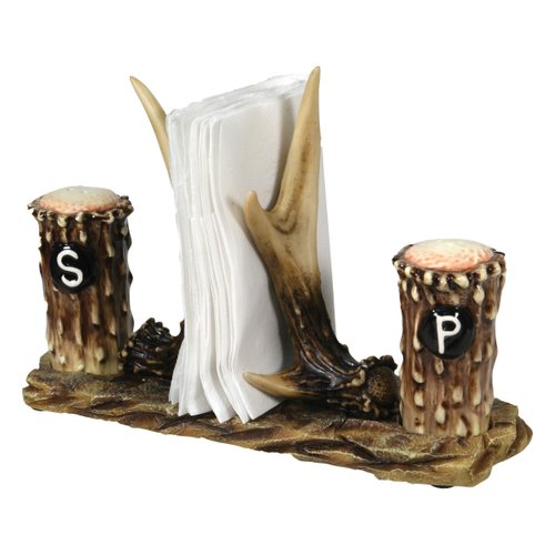 Rivers Edge Products Salt and Pepper Shakers Set, Unique Poly Resin and Glass Spice Dispenser, Napkin Holder, Novelty Kitchen Counter Decor, Deer Antlers