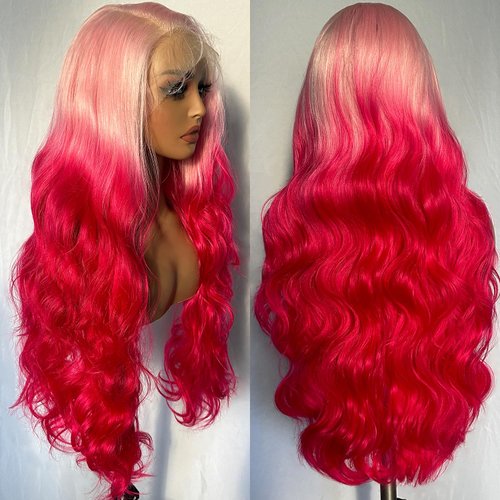 SOKU 13x6 Body Wave Lace Front Wigs 28 Inch Natural Wave Synthetic Wigs with Baby Hair Ombre Pink Lace Frontal Wigs with Light Pink Roots Pre Plucked Glueless HD Lace Wavy Wigs for Women