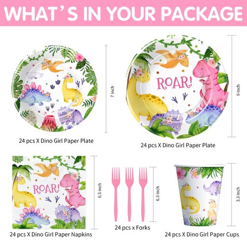 Suhelkit Dinosaur Party Decorations Tableware For Girl - Pink Dino Dinosaur Birthday Party Supplies, Paper Plate, Cup, Napkin, Disposable Fork, Watercolor Dinosaur Baby Shower Decorations | 24 Guests