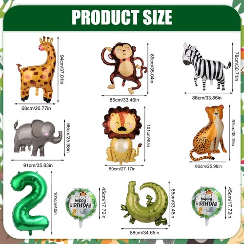 10pcs Jungle Safari Animal Balloons, Cute Jungle Theme Zoo Party Supplies Monkey Elephant Zebra Leopard Crocodile Giraffe Shaped for Birthday Party Decor (Number 2)