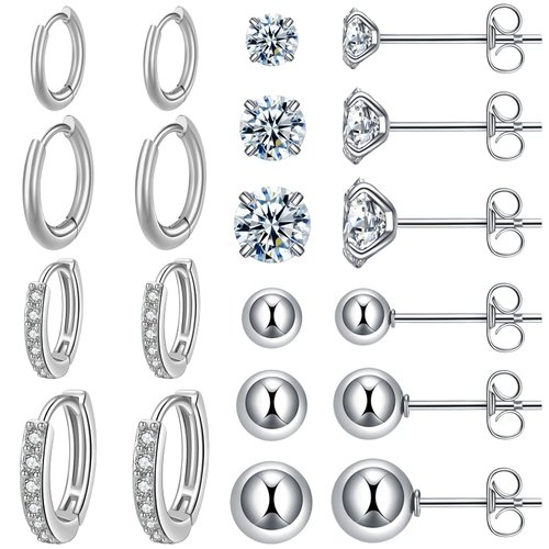 KANOUE 10 Pairs Silver Surgical Steel Earrings Sets for Multiple Piercing Lightweight Small Huggie Hoop Earrings CZ Stud Earrings for Women Trendy Cartilage Hypoallergenic