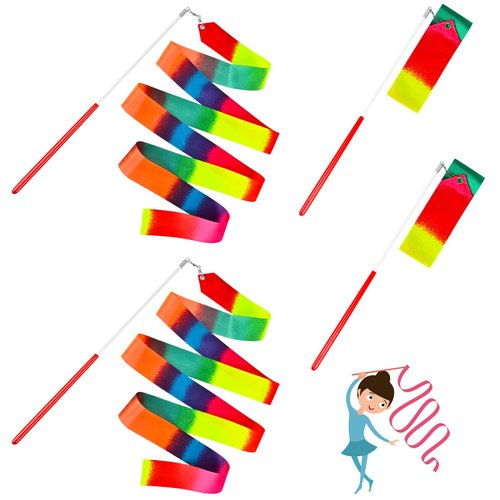 4 Pcs Dance Ribbons, Rainbow Ribbon, Rainbow Twirler Stick, 78.7Inch Rhythmic Gymnastics Ribbon, Ribbon Dancer Wand for Kids, Adults, Fits Artistic Dancing Gymnastics, Outdoor Play, Talent Shows