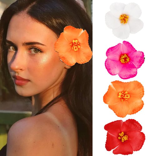 Hapdoo 4pcs Hibiscus Hair Clip, Hawaiian Flower Hair Clips for Women Girls, Tropical Artificial Floral Hair Accessories for Beach Party Wedding Vacation