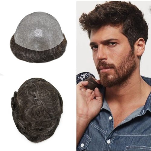 Toupee For Men Human Hair Pieces Men Hair Replacement Systems 0.1mm Injected PU Skin Mens Toupee Gray Hair Units Scallop Front Real Human Hair Wigs For Men Invisible Hairline US Stock. (8''x10''-120% Medium Light to Medium Density, #220 2# DARKEST BROWN +