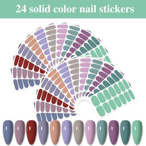 YECIRALA 24 Sheets 336 Pcs Solid Nail Wraps for Women Nail Polish Stickers Self Adhesive Gel Nail Stickers Strips for Gel Polish Strips with Nail File for Women Girls DIY Easy Nail Art Stickers
