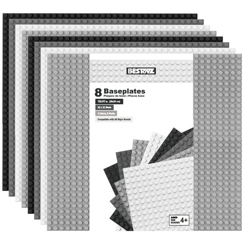 Bestoyz Building Bricks Baseplates Multipack 32x32 Stud, 8 Pack of Base Plates in Color of Black, Dark Grey, Light Grey & White, Foundation & Display for Building Blocks, 10x10 in. (25.5x25.5 cm)