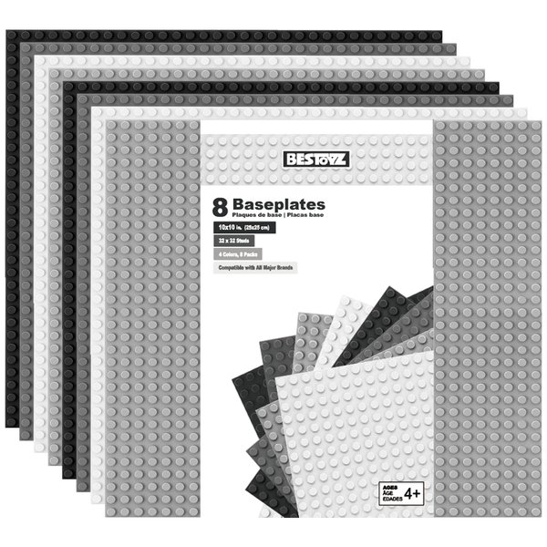 Bestoyz Building Bricks Baseplates Multipack 32x32 Stud, 8 Pack of Base Plates in Color of Black, Dark Grey, Light Grey & White, Foundation & Display for Building Blocks, 10x10 in. (25.5x25.5 cm)
