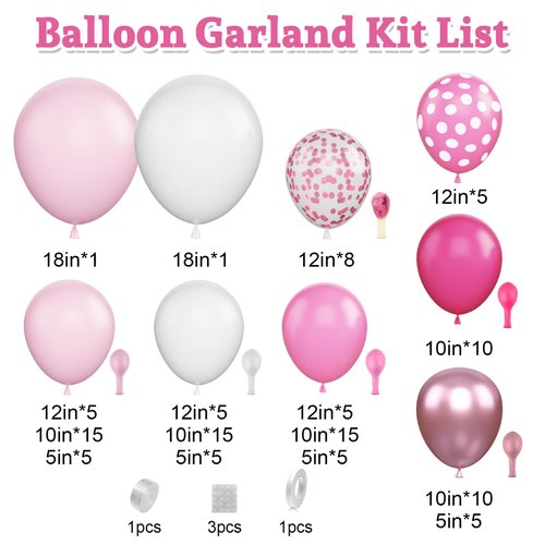 Pink Balloon Arch Garland Kit, Hot Pink Metallic Pink Pastel Pink White Balloons Kit with Confetti Balloons for Girls Kids Birthday Baby Shower Wedding Princess Theme Valentine's Day Party Decor