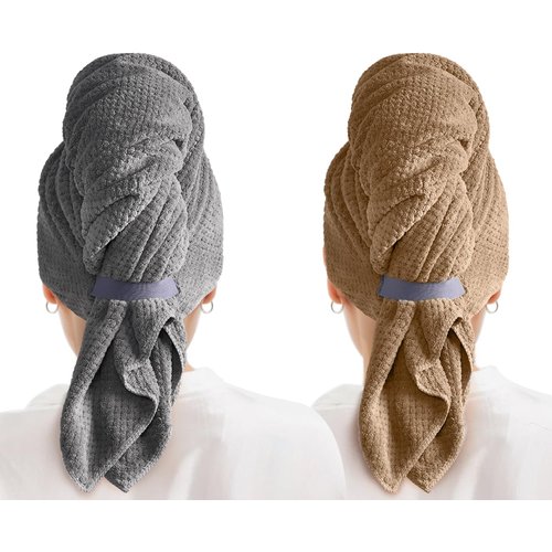 2 Pack Microfiber Hair Towel Wrap for Women, Quick Dry Hair Turban Towel with Elastic Band, Microfiber Plopping Towel for Curly Hair, Stocking Stuffers for Women (Gray, Camel)