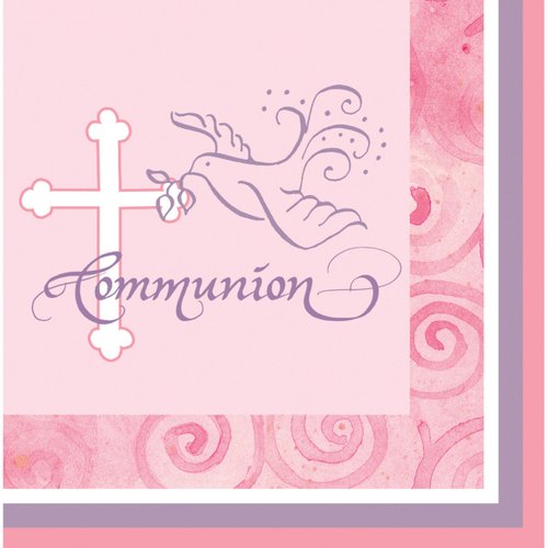 16-Count Paper Beverage Napkins, Communion, Pink Cross Faithful Dove