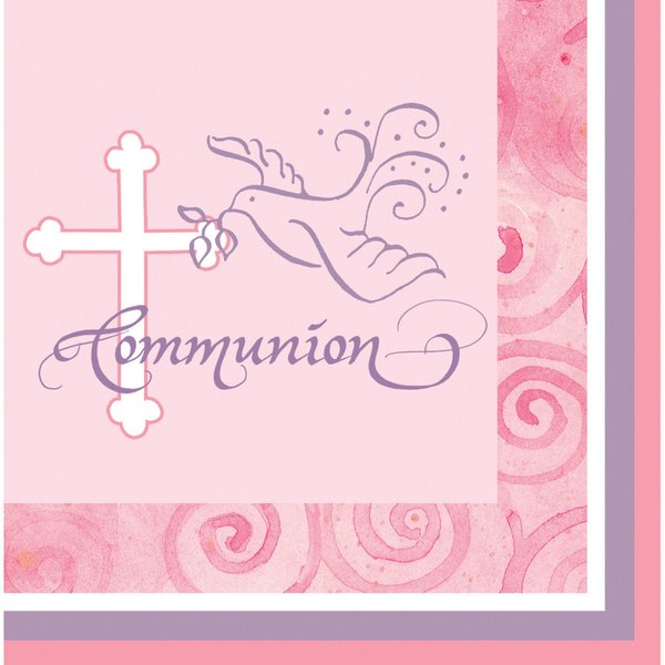 16-Count Paper Beverage Napkins, Communion, Pink Cross Faithful Dove