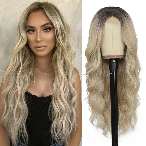 Elfairy Long Ombre Blonde Wigs for Women 26Inch Long Blonde Platinum Hair Wig Synthetic Middle Part Wig(26'' Platinum Blonde)