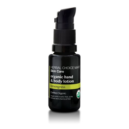 Organic Hand & Body Lotion (Lemongrass) by Herbal Choice Mari; 0.5 fl oz Glass Bottle