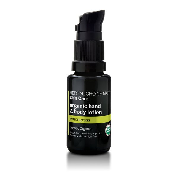 Organic Hand & Body Lotion (Lemongrass) by Herbal Choice Mari; 0.5 fl oz Glass Bottle