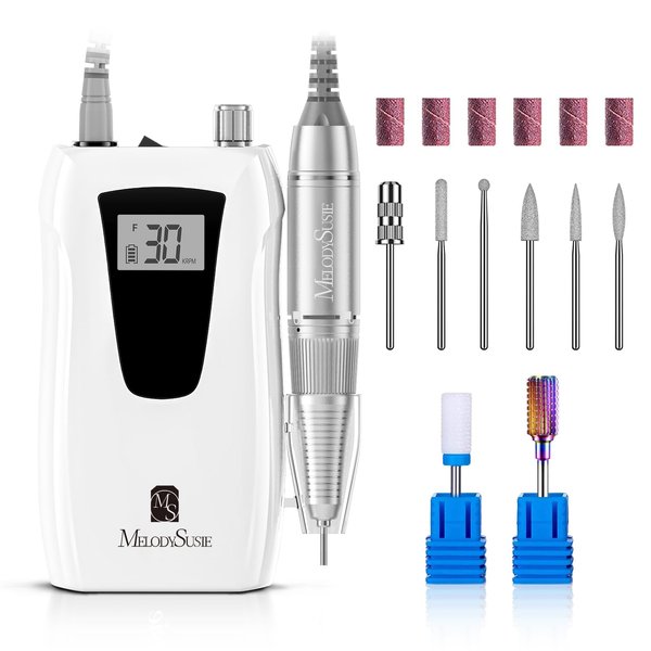 MelodySusie Professional Nail Drill 30000RPM, SC320D Rechargeable Electric Nail Drill Machine, Cordless Nail E File for Acrylic Gel Nails, 8pcs Nail Drill Bits 106pcs Sanding Bands, Selene White