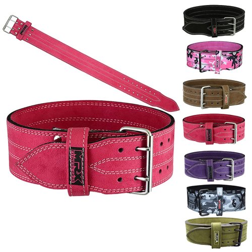 MRX Powerlifting Leather Belt 4" Wide 10mm Thickness Training Fitness Back Support Bodybuilding Belts with Steel 2 Prong Buckle Pink (Small)