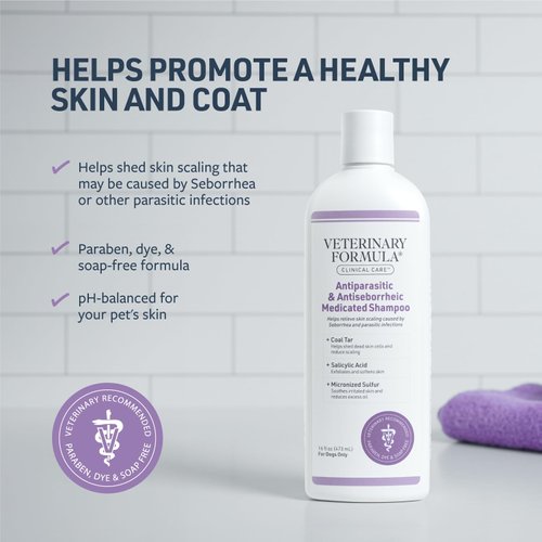 Veterinary Formula Clinical Care Antiparasitic & Antiseborrheic Medicated Dog Shampoo, 16 oz – Paraben, Dye, Soap Free – Hydrating and Antifungal Shampoo for Dogs, White