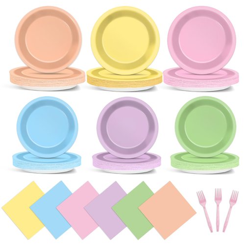 ojustbeok 96 Pcs Pastel Party Supplies Paper Plates Pastel Plates and Napkins Disposable Pastel Party Decorations for Birthday Wedding Baby Shower Party Colorful Dessert Tableware Set for 24 Guests